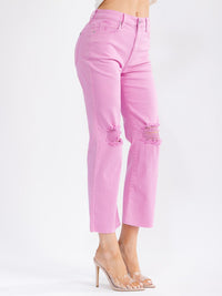 WOMEN'S BUTTON CLOSURE POCKETS DISTRESS WIDE LEG DENIM PANTS