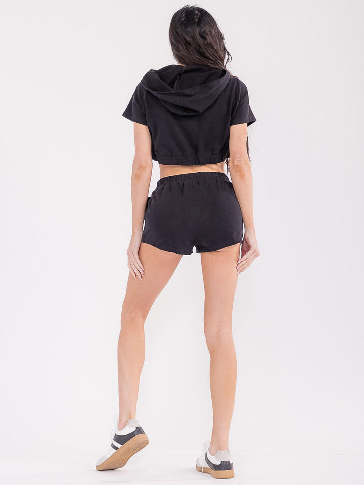 WOMEN'S ZIP UP CROP TOP & ELASTIC WAIST MINI SHORTS HEARTS DETAILED 2PC. SET