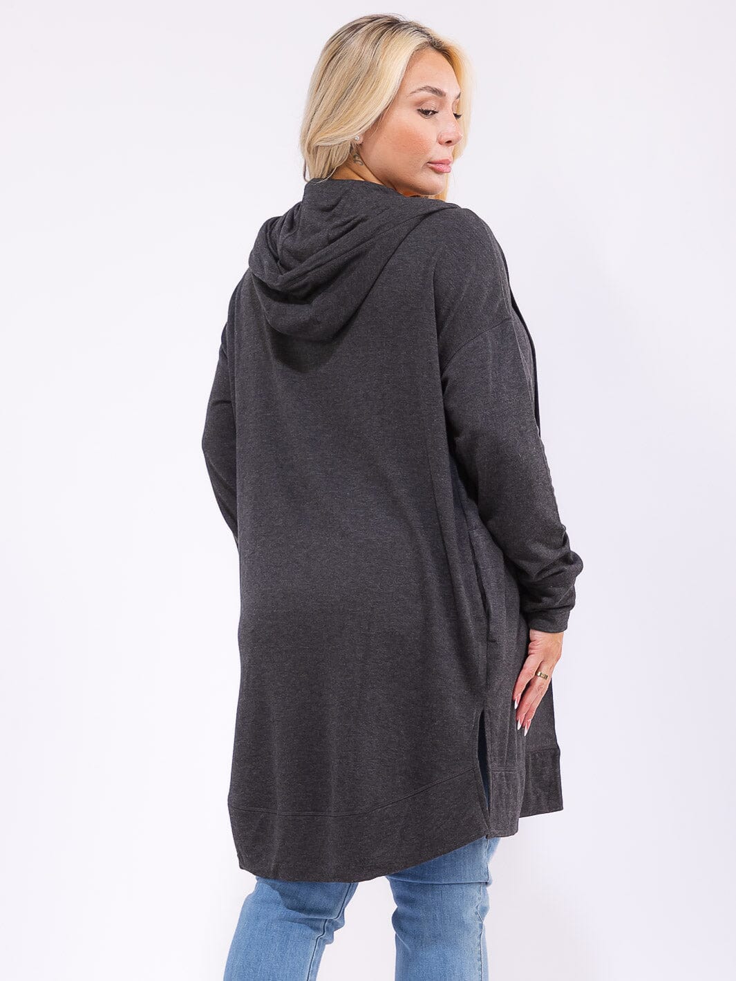 PLUS SIZE LONG OPEN FRONT POCKETS HOODED CARDIGAN