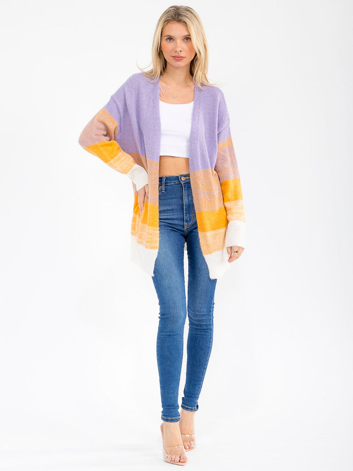 WOMEN'S LONG SLEEVE OPEN FRONT POCKETS COLORBLOCK CARDIGAN