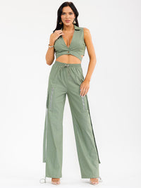 WOMEN'S SLEEVELESS WRAP CROP TOP & ELASTIC WAIST PANTS DENIM 2PC. SET