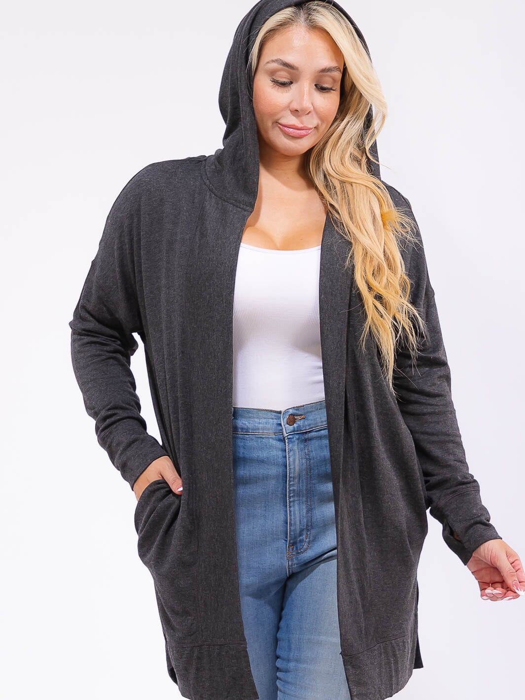 PLUS SIZE LONG OPEN FRONT POCKETS HOODED CARDIGAN