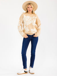 WOMEN'S LONG SLEEVE KNIT PULLOVER COLORBLOCK FLORAL PRINT SWEATER
