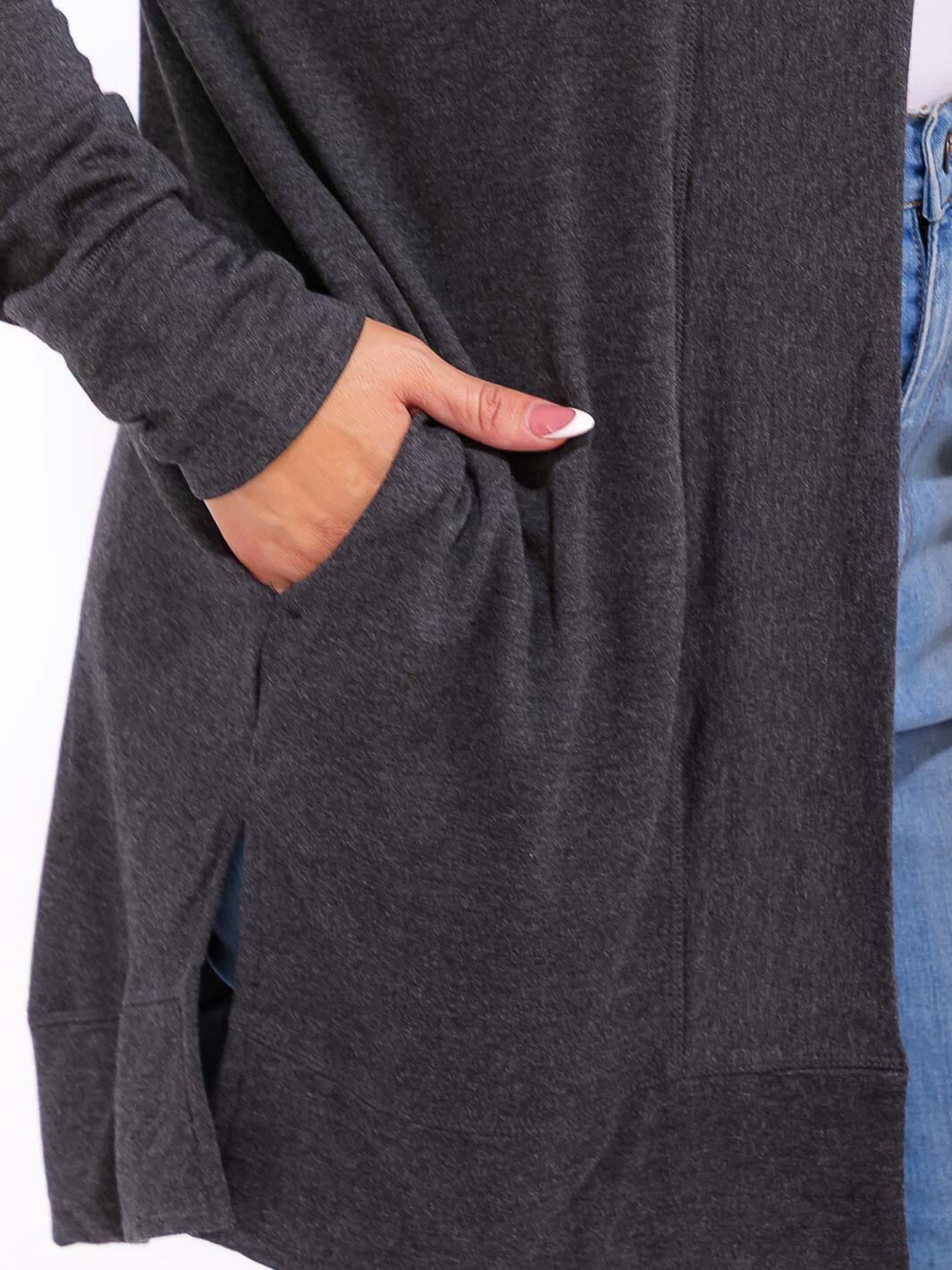 PLUS SIZE LONG OPEN FRONT POCKETS HOODED CARDIGAN