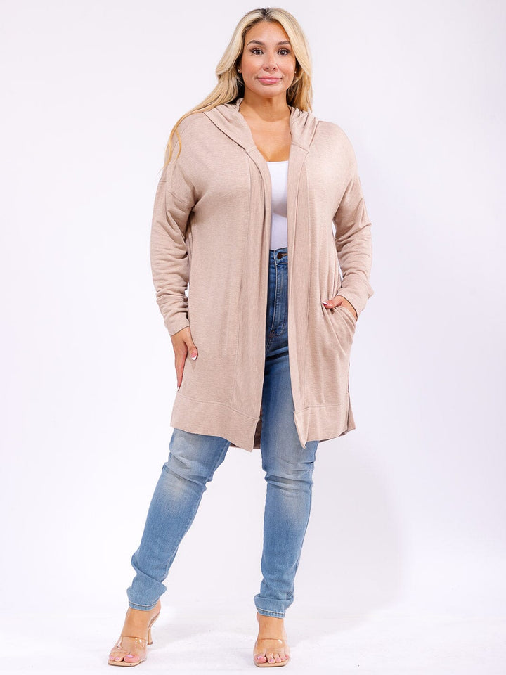 PLUS SIZE LONG OPEN FRONT POCKETS HOODED CARDIGAN