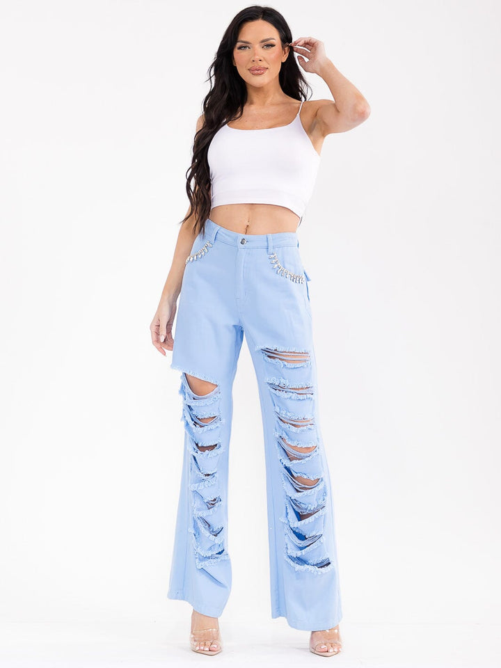 WOMEN'S BUTTON CLOSURE POCKETS DISTRESS DENIM WIDE LEG PANTS