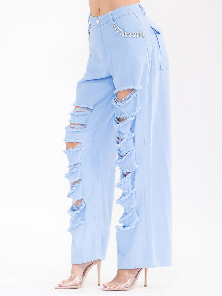 WOMEN'S BUTTON CLOSURE POCKETS DISTRESS DENIM WIDE LEG PANTS