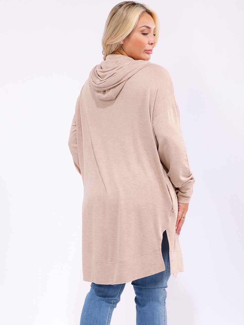 PLUS SIZE LONG OPEN FRONT POCKETS HOODED CARDIGAN