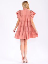 WOMEN'S SHORT RUFFLE SLEEVE BUTTON UP TIERED TUNIC MINI DRESS