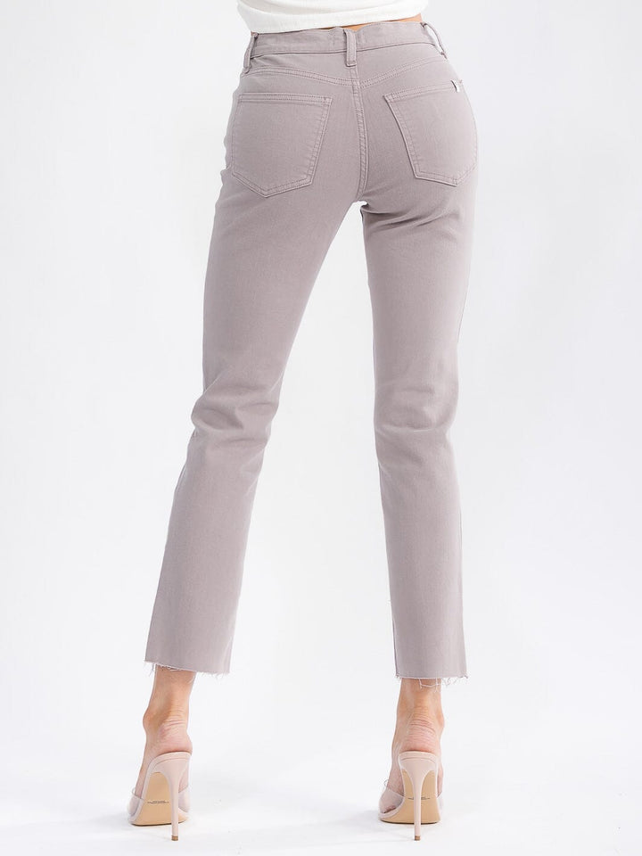 WOMEN'S BUTTON CLOSURE POCKETS RAW EDGE STRAIGHT LEG DENIM PANTS