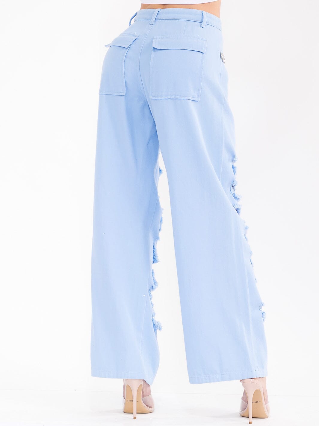 WOMEN'S BUTTON CLOSURE POCKETS DISTRESS DENIM WIDE LEG PANTS