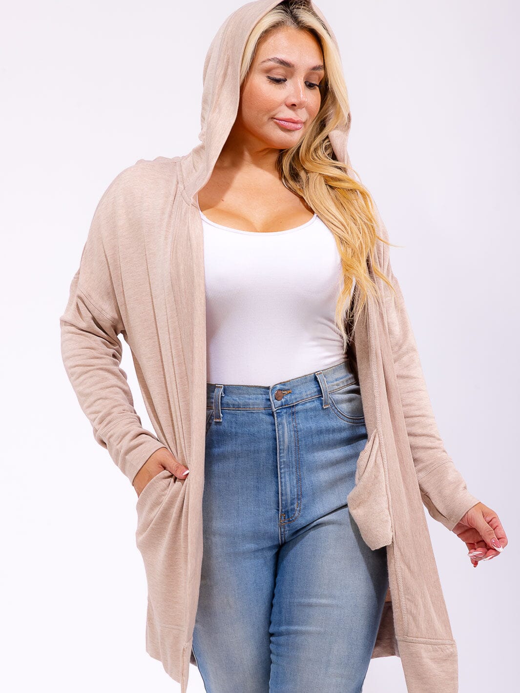 PLUS SIZE LONG OPEN FRONT POCKETS HOODED CARDIGAN