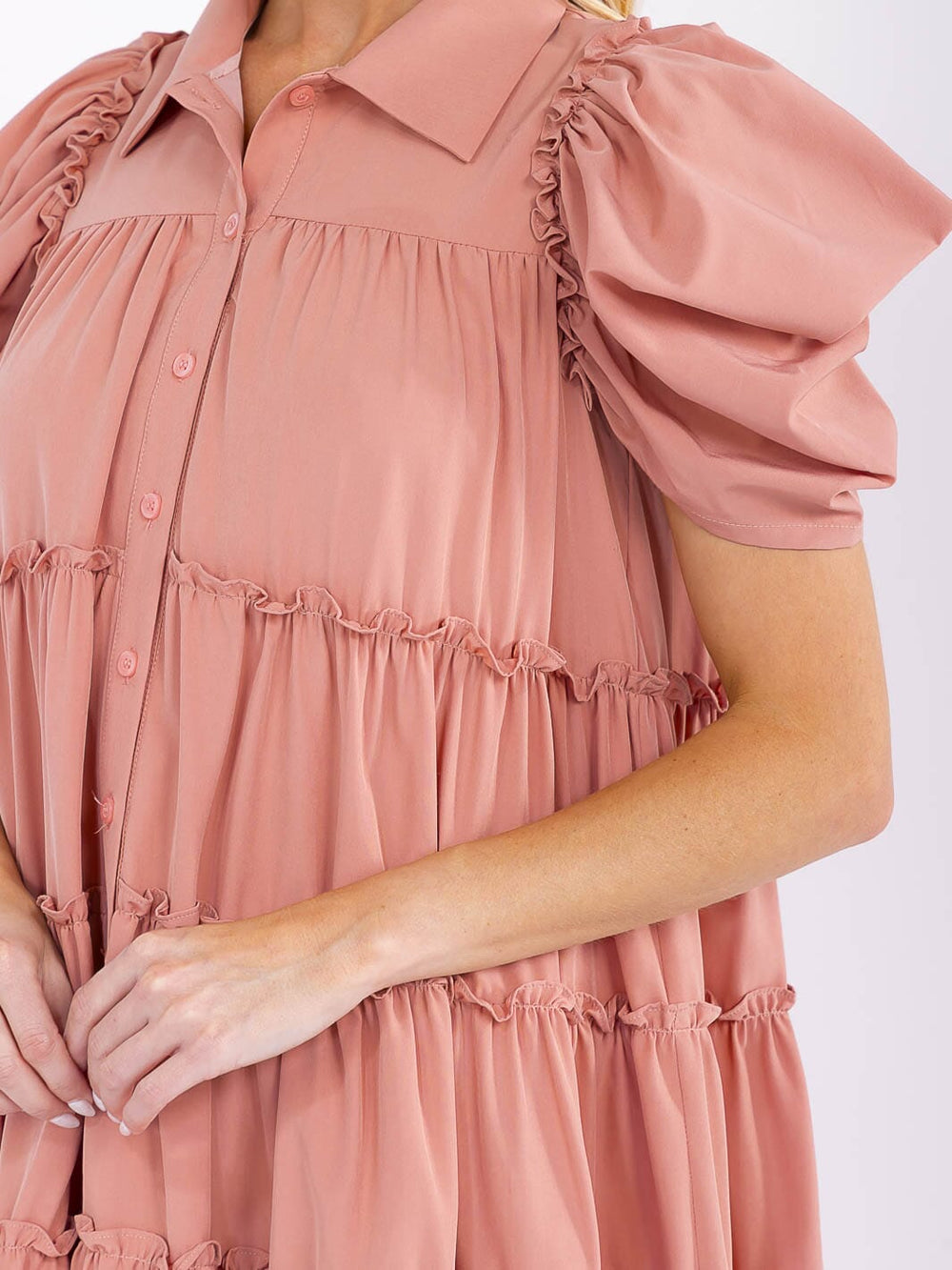 WOMEN'S SHORT RUFFLE SLEEVE BUTTON UP TIERED TUNIC MINI DRESS