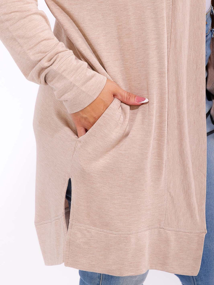 PLUS SIZE LONG OPEN FRONT POCKETS HOODED CARDIGAN