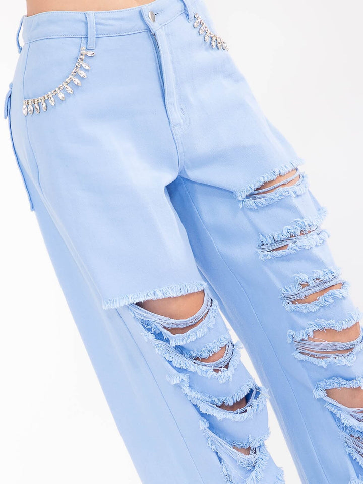 WOMEN'S BUTTON CLOSURE POCKETS DISTRESS DENIM WIDE LEG PANTS