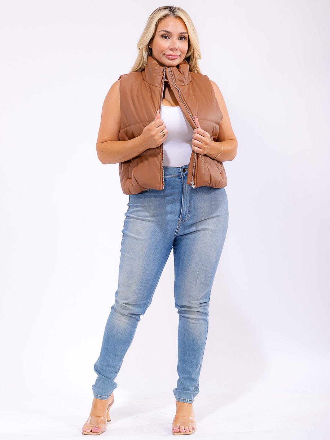 PLUS SIZE SLEEVELESS ZIP UP FRONT POCKETS PUFFER PU PLEATHER VEST