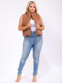 PLUS SIZE SLEEVELESS ZIP UP FRONT POCKETS PUFFER PU PLEATHER VEST