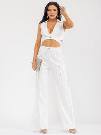 WOMEN'S SLEEVELESS WRAP CROP TOP & ELASTIC WAIST PANTS DENIM 2PC. SET