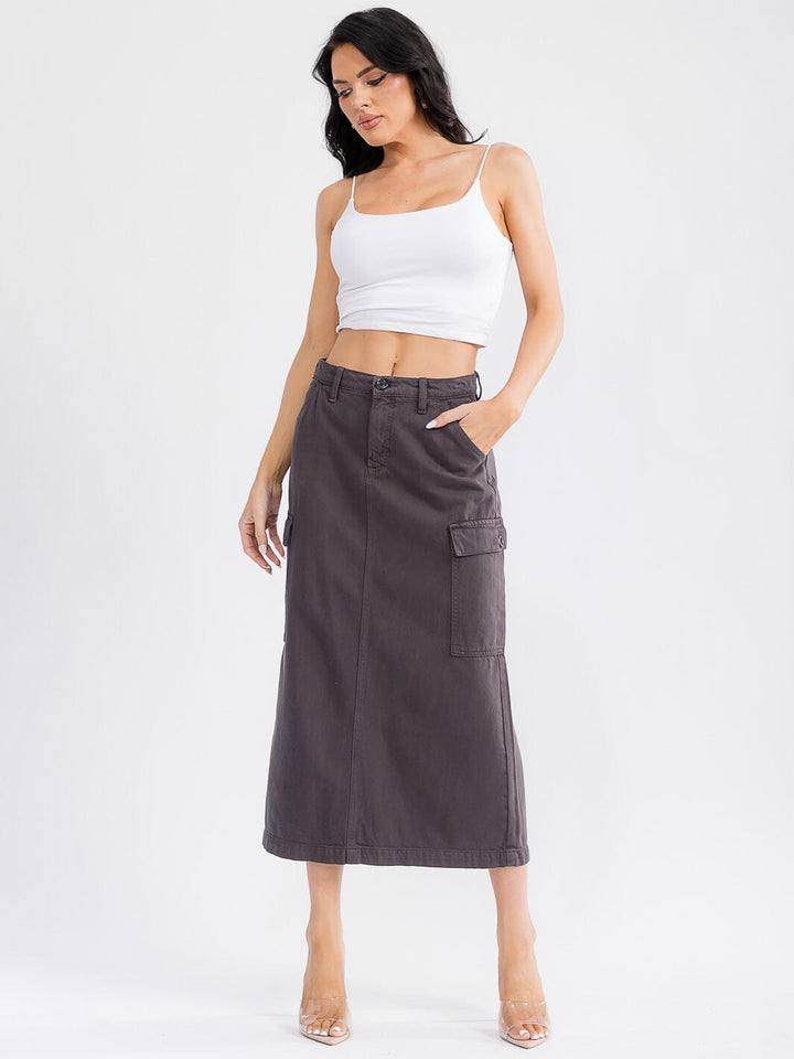WOMEN'S BUTTON CLOSURE CARGO POCKETS DENIM MAXI SKIRT