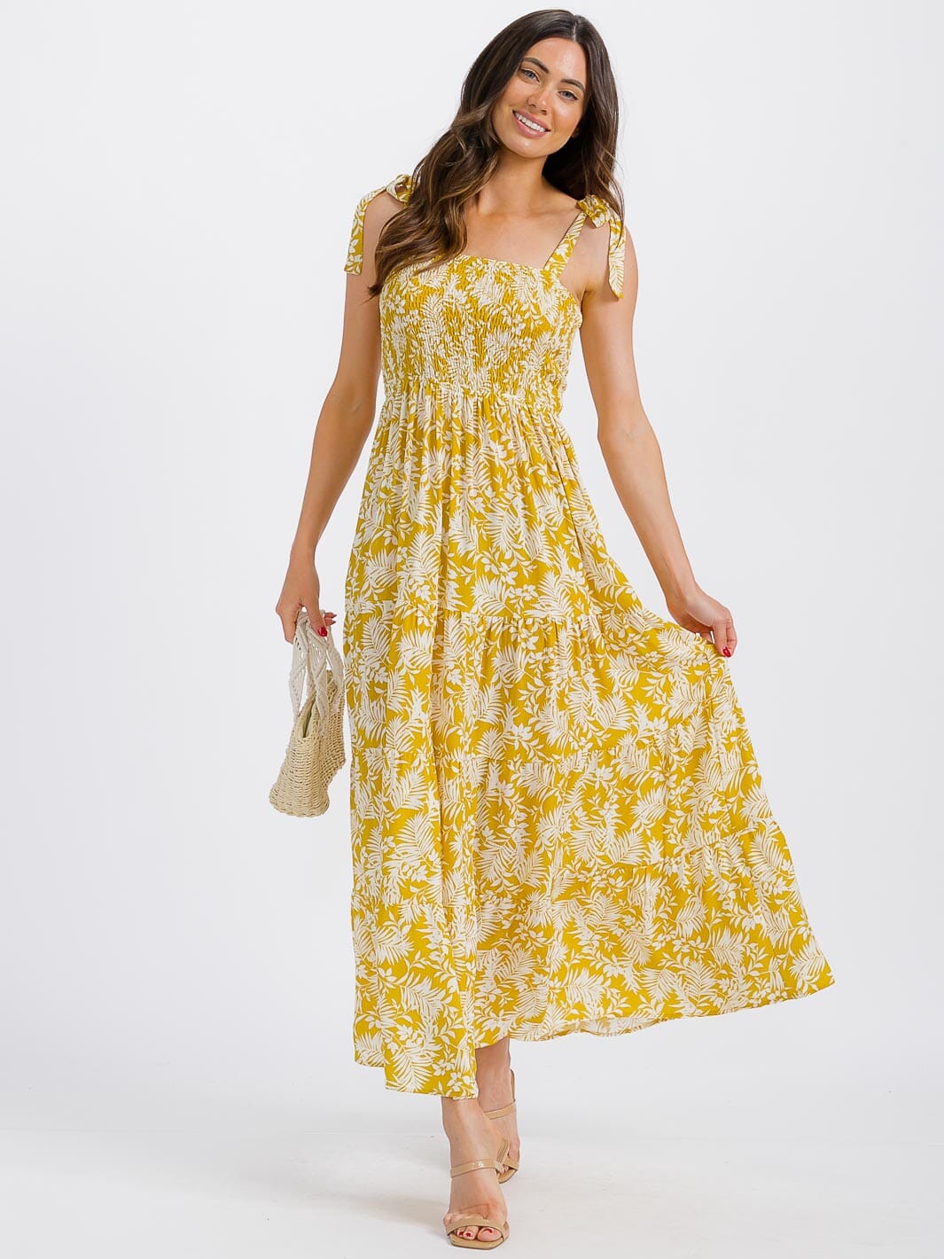 WOMEN'S SLEEVELESS SMOCK TIERED LEAF PRINT MAXI DRESS