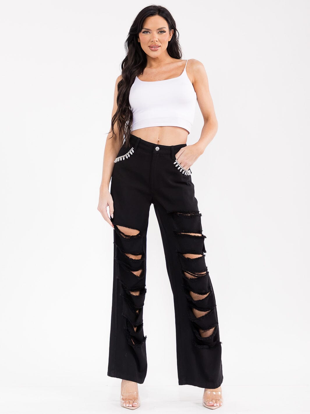 WOMEN'S BUTTON CLOSURE POCKETS DISTRESS DENIM WIDE LEG PANTS