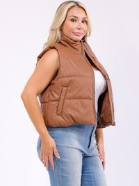 PLUS SIZE SLEEVELESS ZIP UP FRONT POCKETS PUFFER PU PLEATHER VEST