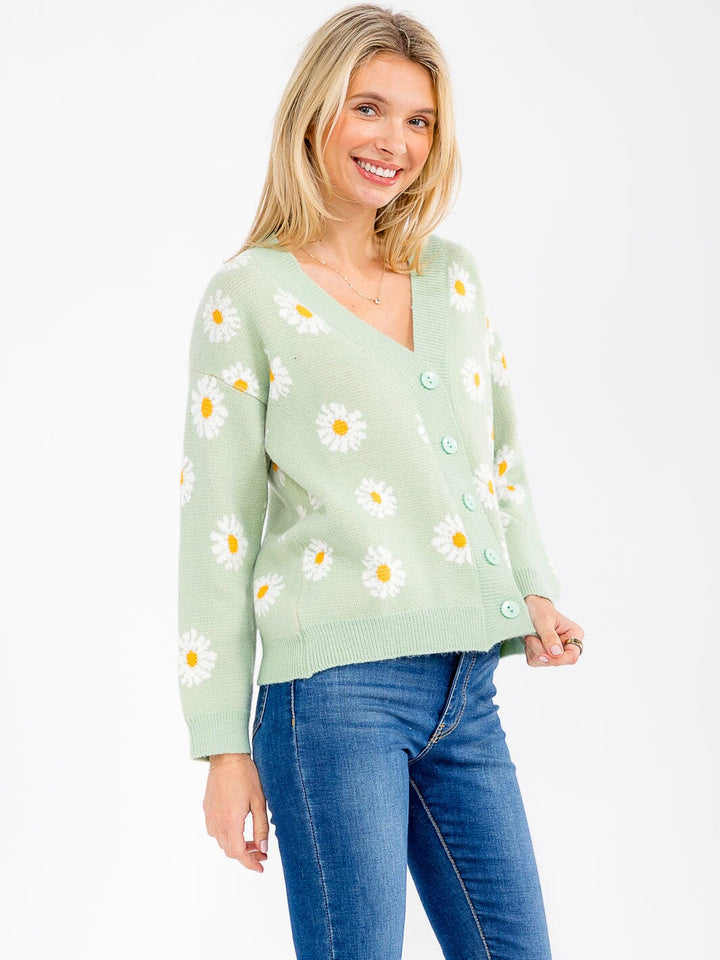 WOMEN'S LONG SLEEVE BUTTON CLOSURE FLORAL SWEATER