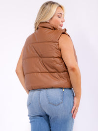 PLUS SIZE SLEEVELESS ZIP UP FRONT POCKETS PUFFER PU PLEATHER VEST