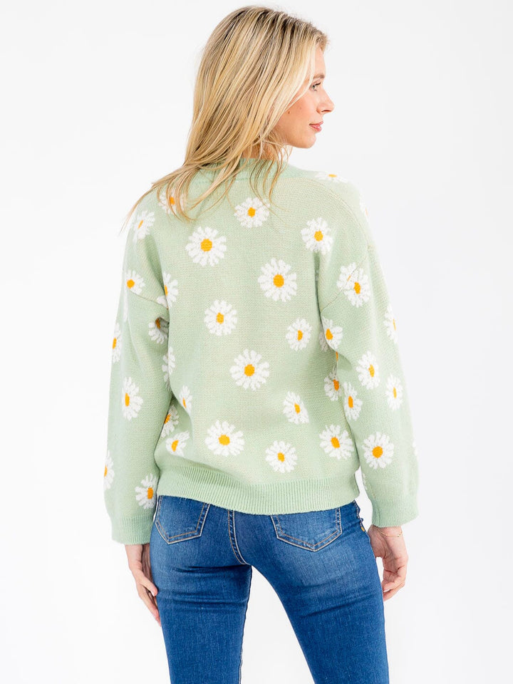 WOMEN'S LONG SLEEVE BUTTON CLOSURE FLORAL SWEATER