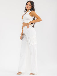 WOMEN'S SLEEVELESS WRAP CROP TOP & ELASTIC WAIST PANTS DENIM 2PC. SET