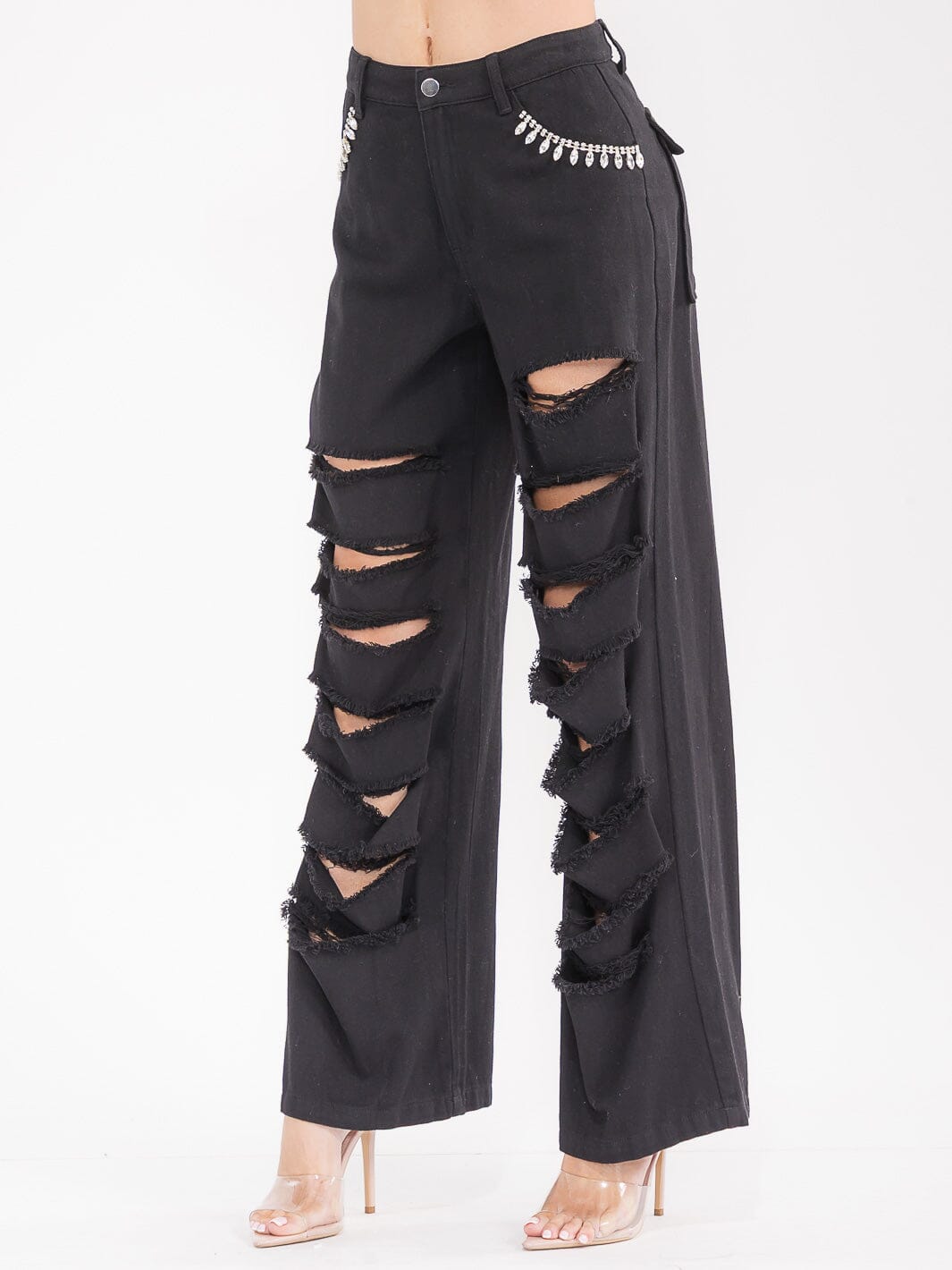 WOMEN'S BUTTON CLOSURE POCKETS DISTRESS DENIM WIDE LEG PANTS