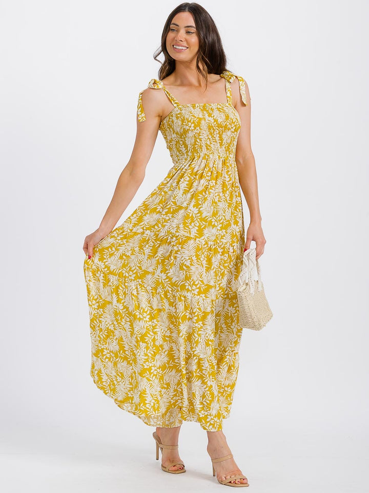 WOMEN'S SLEEVELESS SMOCK TIERED LEAF PRINT MAXI DRESS
