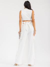 WOMEN'S SLEEVELESS WRAP CROP TOP & ELASTIC WAIST PANTS DENIM 2PC. SET