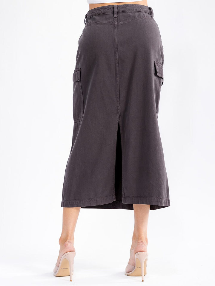 WOMEN'S BUTTON CLOSURE CARGO POCKETS DENIM MAXI SKIRT