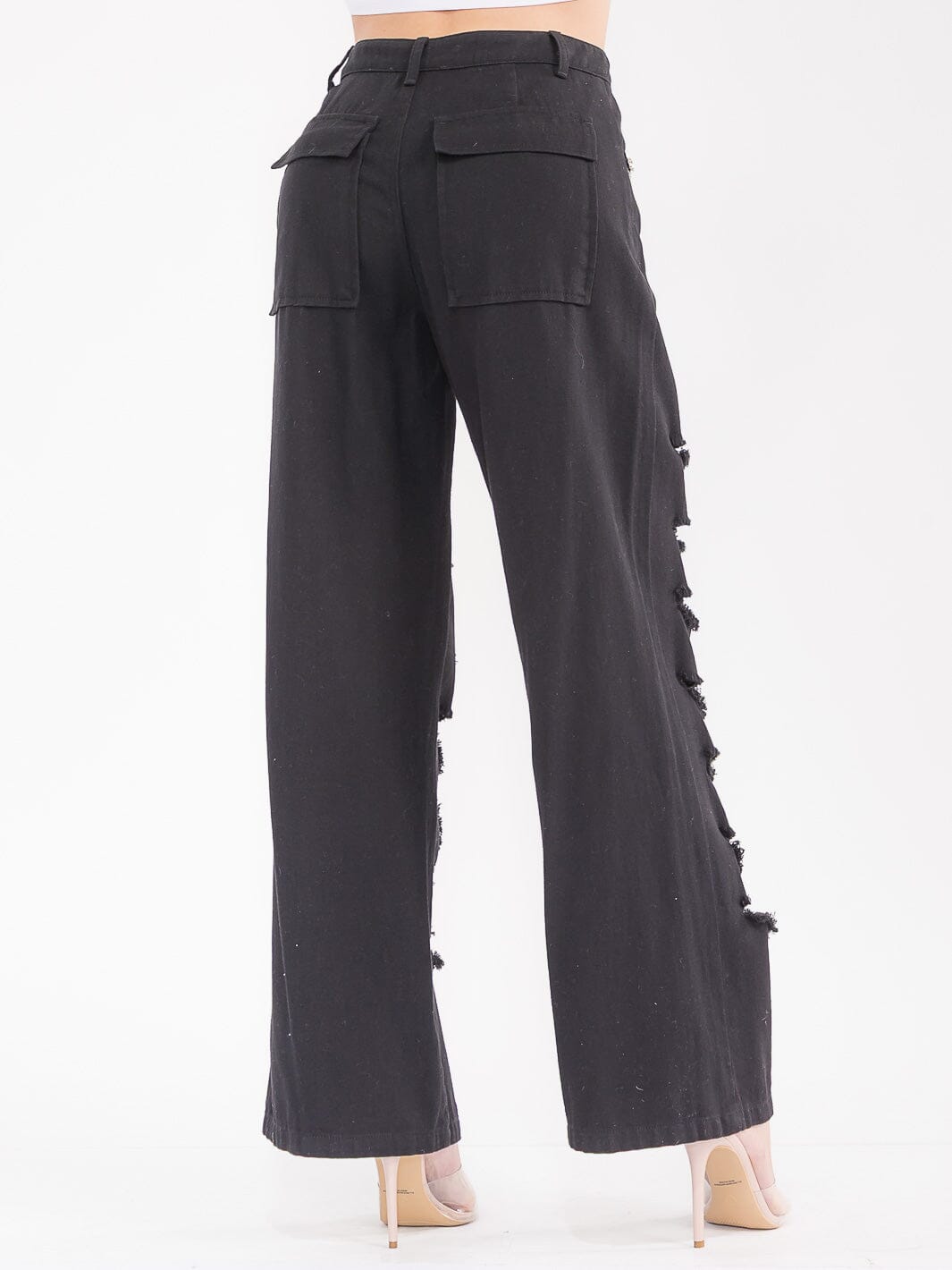 WOMEN'S BUTTON CLOSURE POCKETS DISTRESS DENIM WIDE LEG PANTS