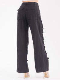 WOMEN'S BUTTON CLOSURE POCKETS DISTRESS DENIM WIDE LEG PANTS