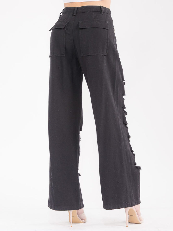 WOMEN'S BUTTON CLOSURE POCKETS DISTRESS DENIM WIDE LEG PANTS