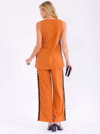 WOMEN'S SLEEVELESS TOP & WIDE LEG PANTS TRIM DETAILED 2PC. SET