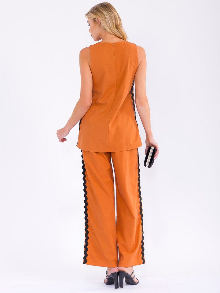 WOMEN'S SLEEVELESS TOP & WIDE LEG PANTS TRIM DETAILED 2PC. SET