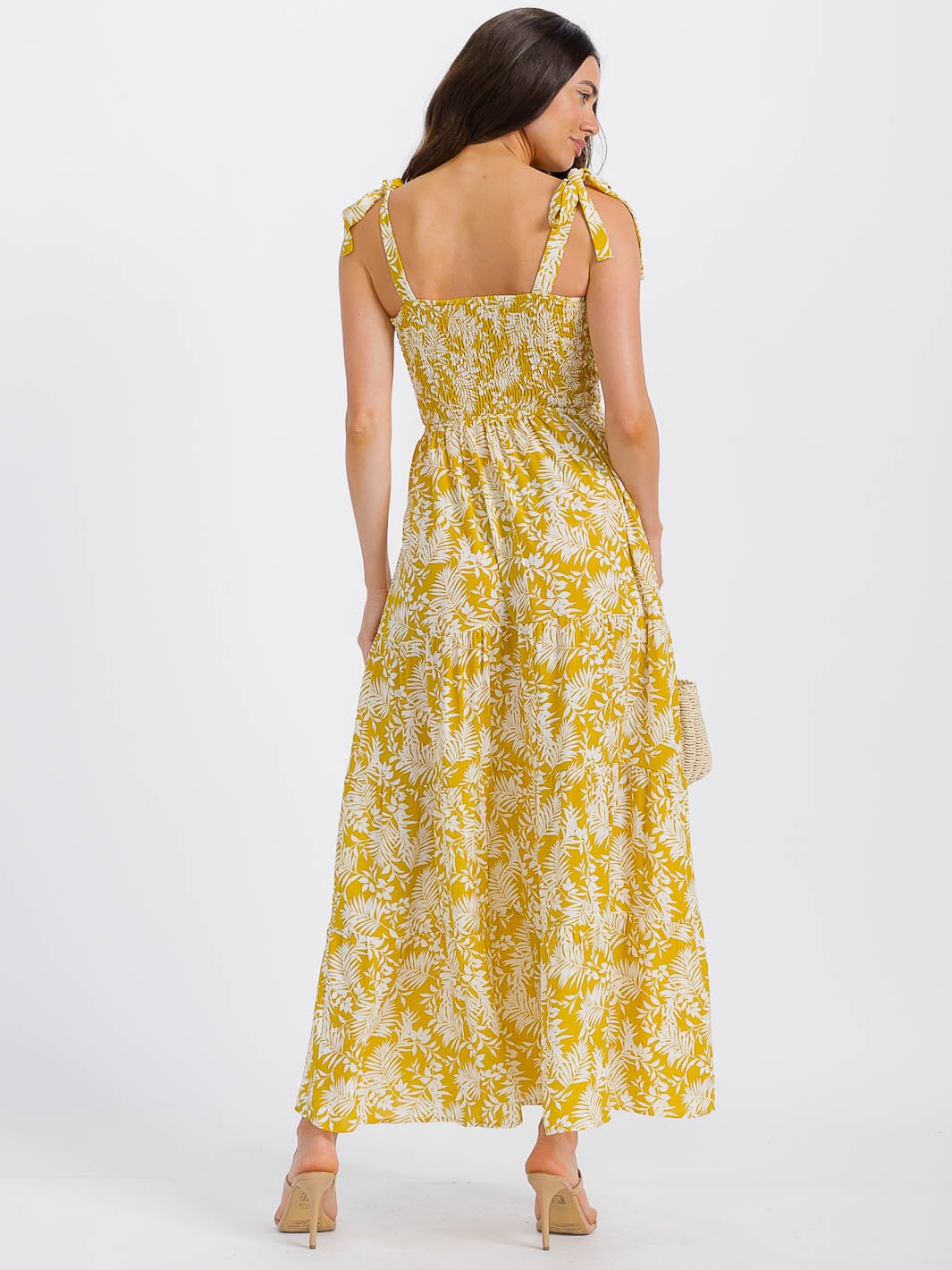 WOMEN'S SLEEVELESS SMOCK TIERED LEAF PRINT MAXI DRESS