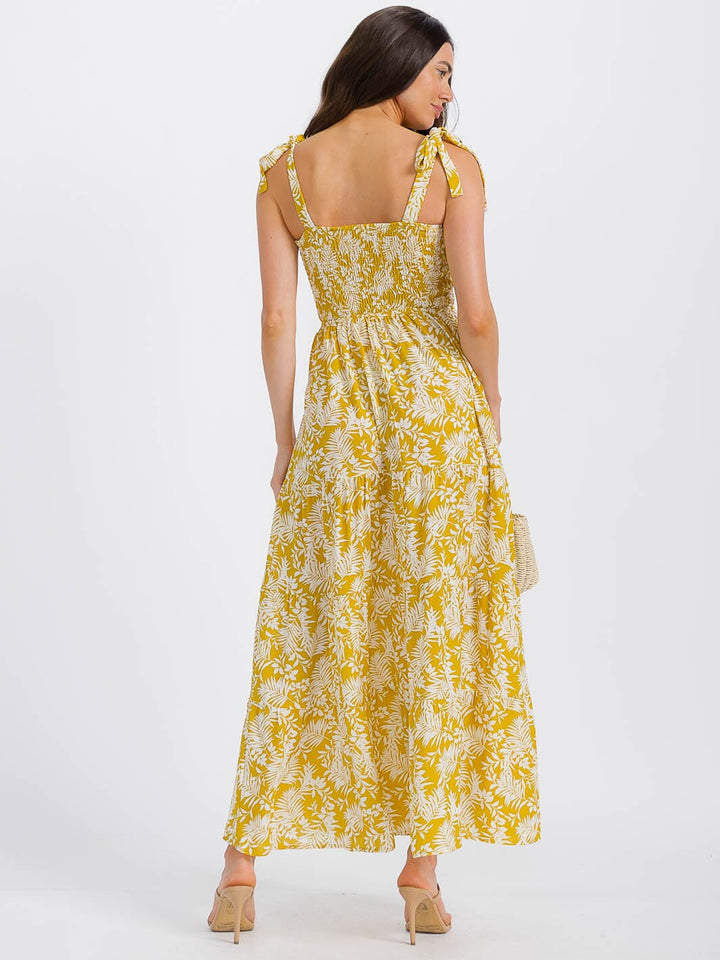 WOMEN'S SLEEVELESS SMOCK TIERED LEAF PRINT MAXI DRESS