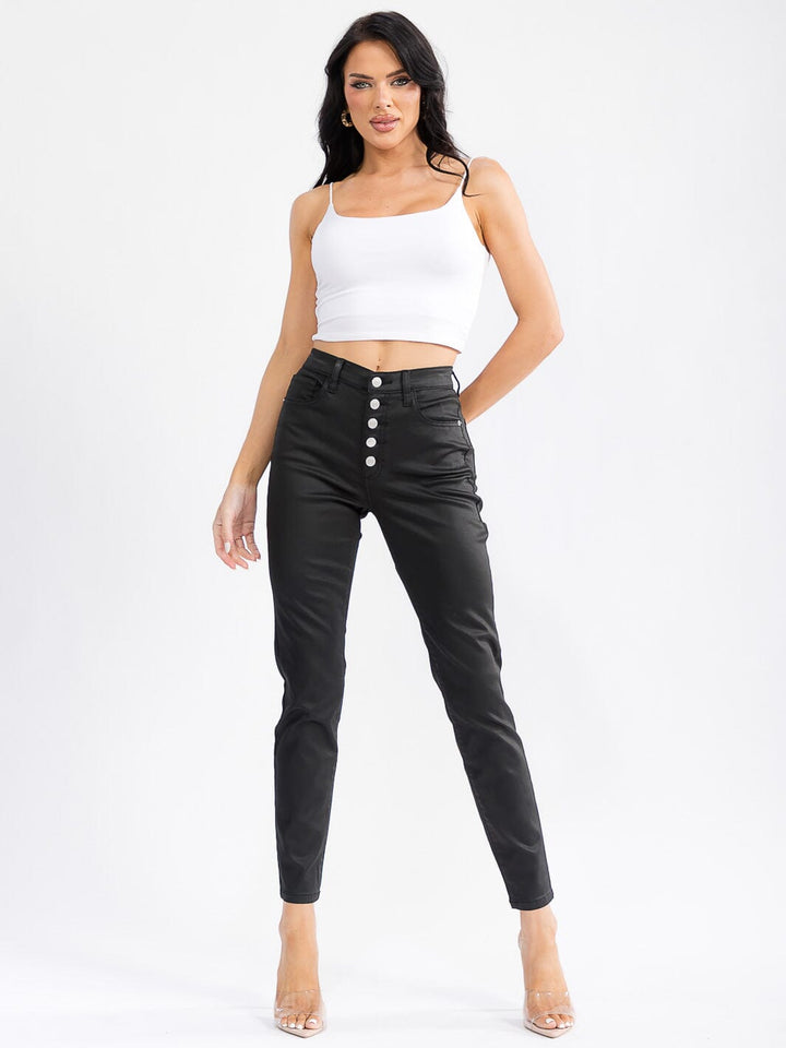 WOMEN'S BUTTON CLOSURE POCKETS SKINNY LEG STRETCH PANTS