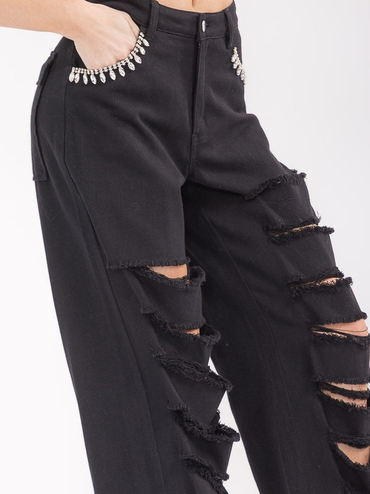 WOMEN'S BUTTON CLOSURE POCKETS DISTRESS DENIM WIDE LEG PANTS