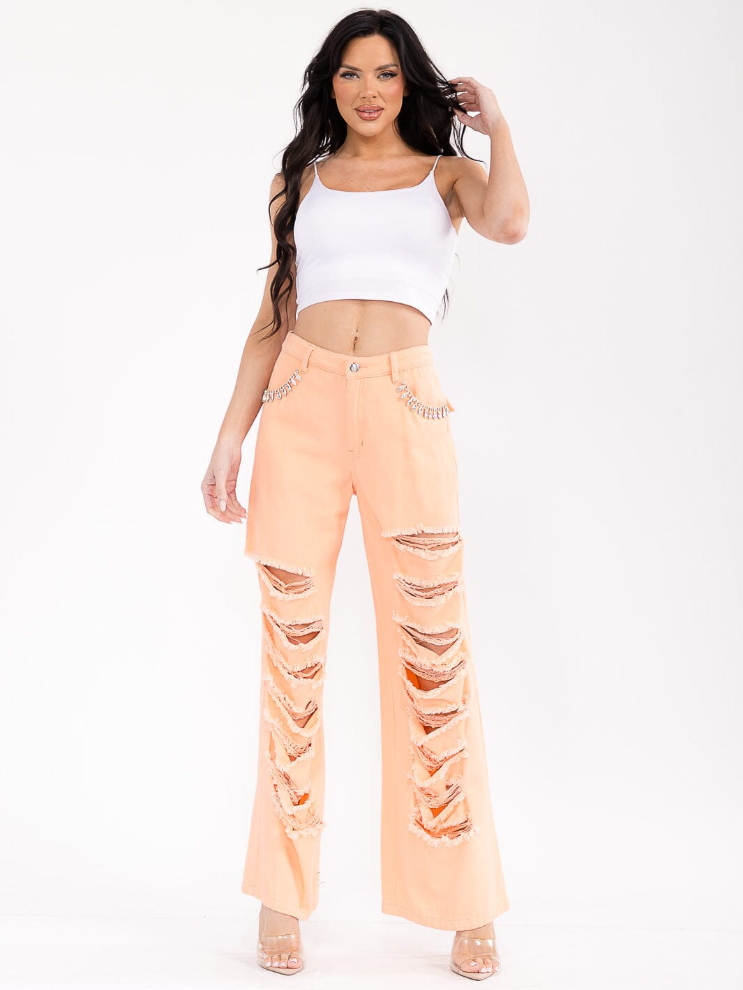 WOMEN'S BUTTON CLOSURE POCKETS DISTRESS DENIM WIDE LEG PANTS