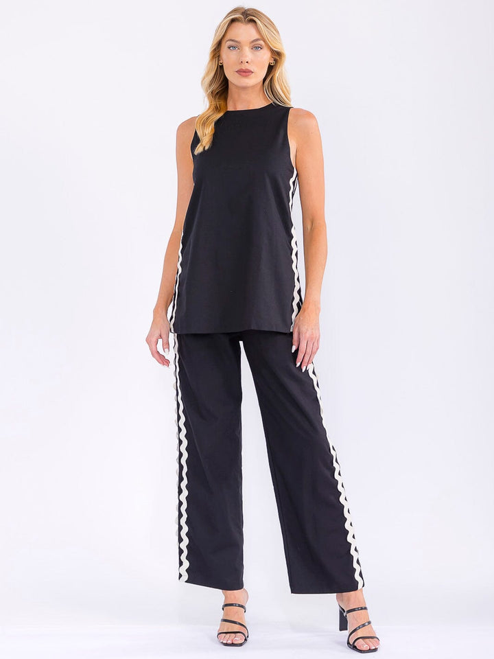 WOMEN'S SLEEVELESS TOP & WIDE LEG PANTS TRIM DETAILED 2PC. SET