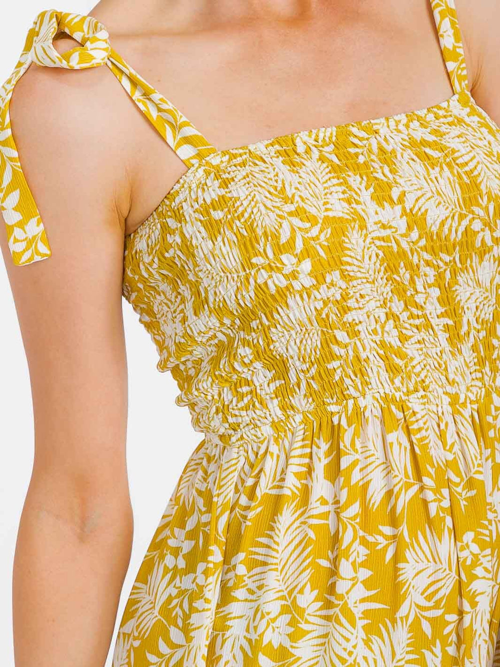 WOMEN'S SLEEVELESS SMOCK TIERED LEAF PRINT MAXI DRESS