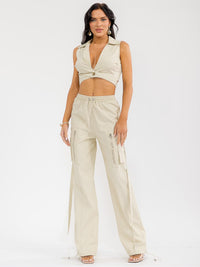 WOMEN'S SLEEVELESS WRAP CROP TOP & ELASTIC WAIST PANTS DENIM 2PC. SET