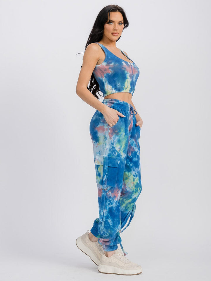 WOMEN'S CROP TOP & ELASTIC WAIST JOGGER TIE DYE 2PC SET.