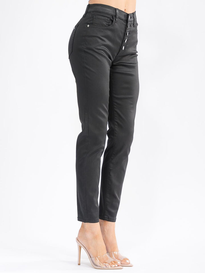WOMEN'S BUTTON CLOSURE POCKETS SKINNY LEG STRETCH PANTS