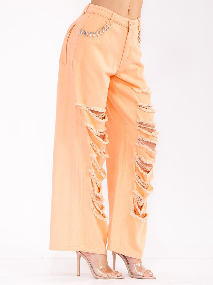 WOMEN'S BUTTON CLOSURE POCKETS DISTRESS DENIM WIDE LEG PANTS